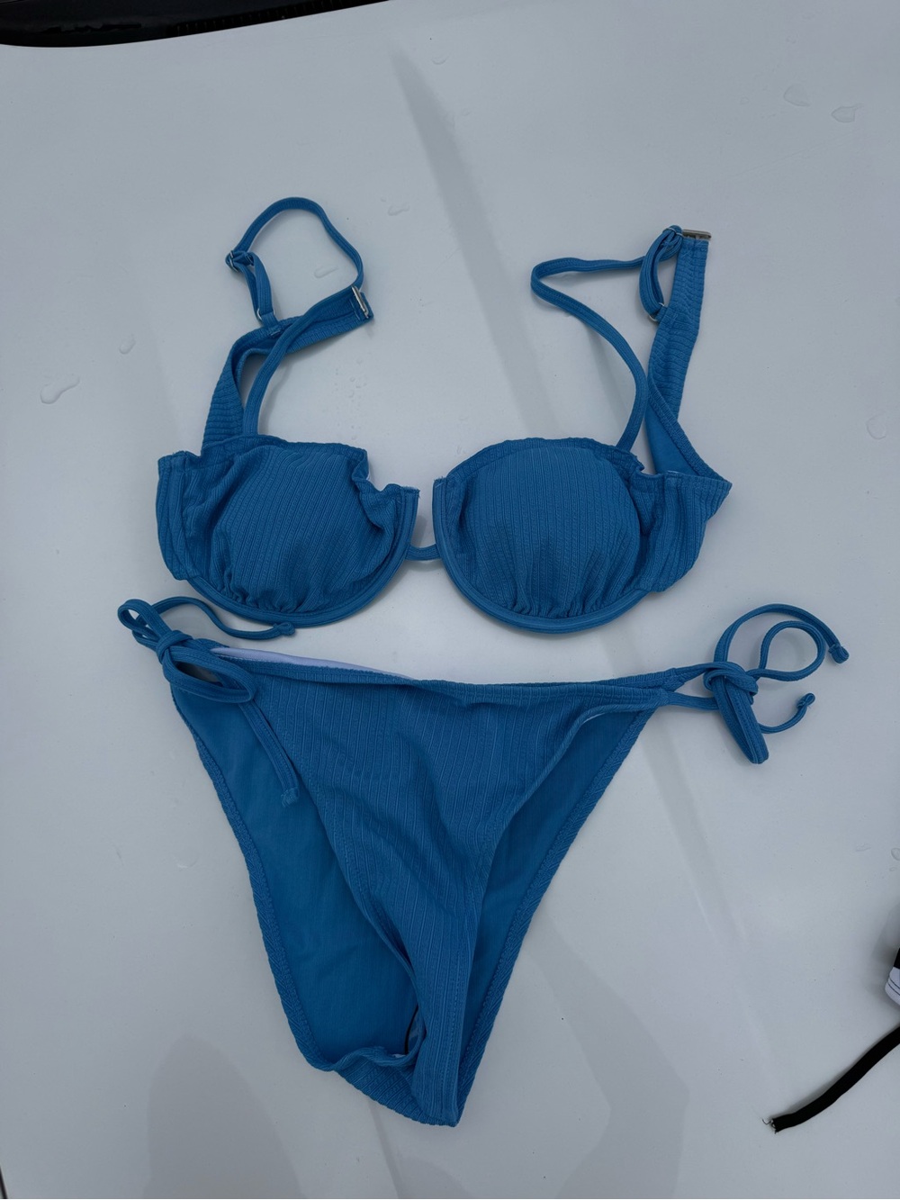 Blue Ribbed Underwire Bikini Set - Women Swim